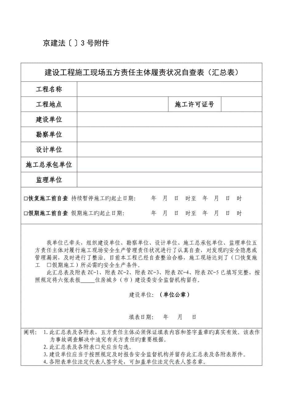 建设工程施工现场五方责任主体履责情况自查表_第1页