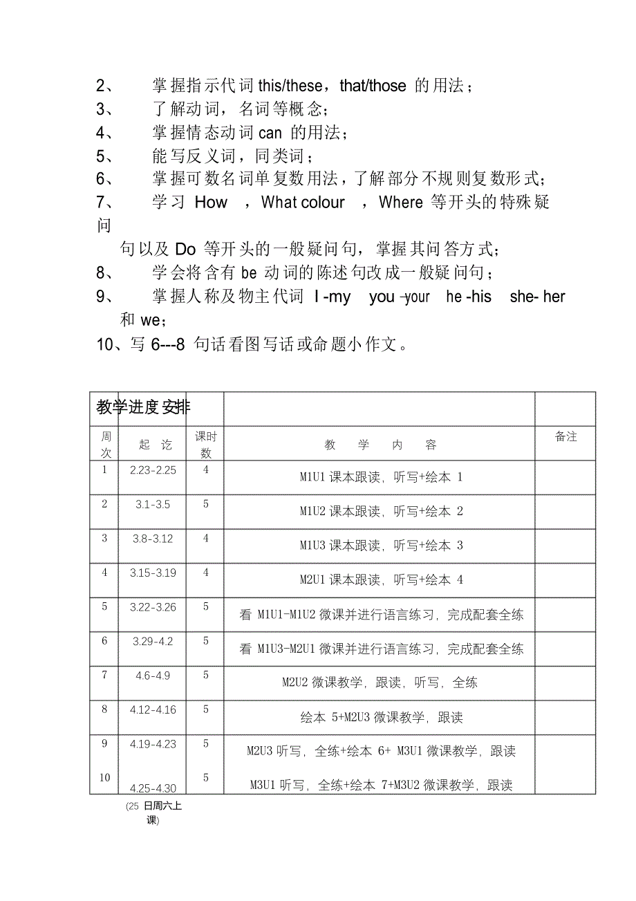 牛津版小学英语三年级下册教学计划含进度表_第4页