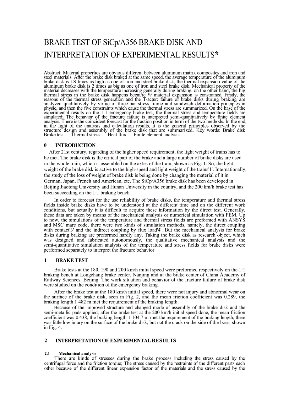 BRAKE TEST OF SiCpA356 BRAKE DISK AND INTERPRETATION OF EXPERIMENTAL RESULTS_第1页