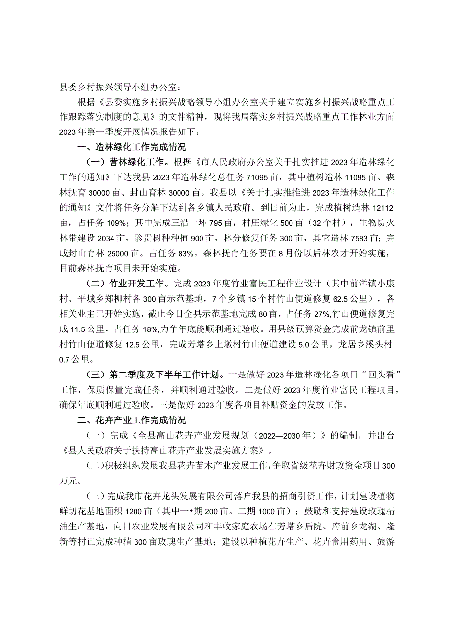 县林业局2023年第一季度实施乡村振兴战略工作情况报告_第1页