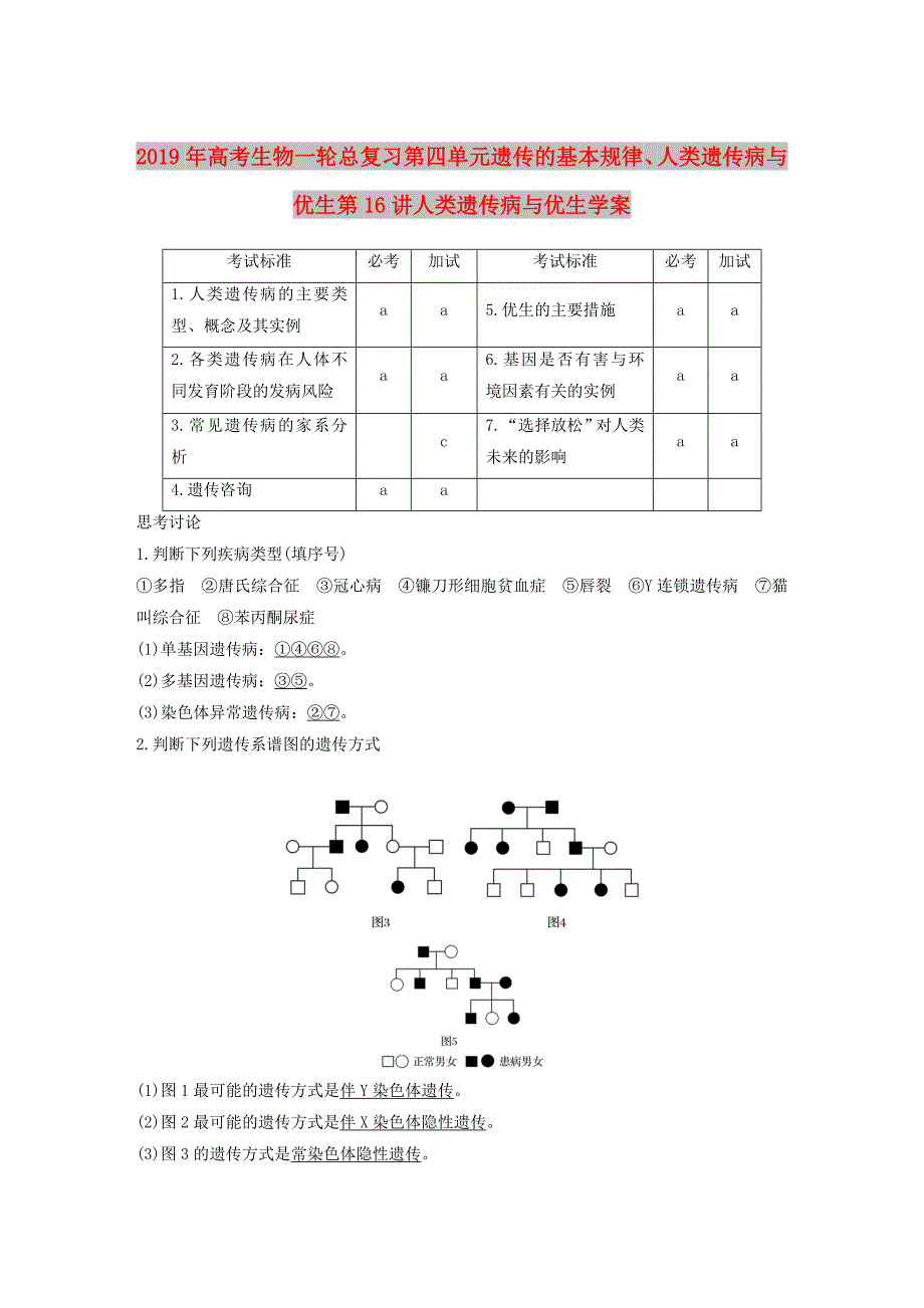 2019年高考生物一轮总复习第四单元遗传的基本规律、人类遗传病与优生第16讲人类遗传病与优生学案.doc_第1页