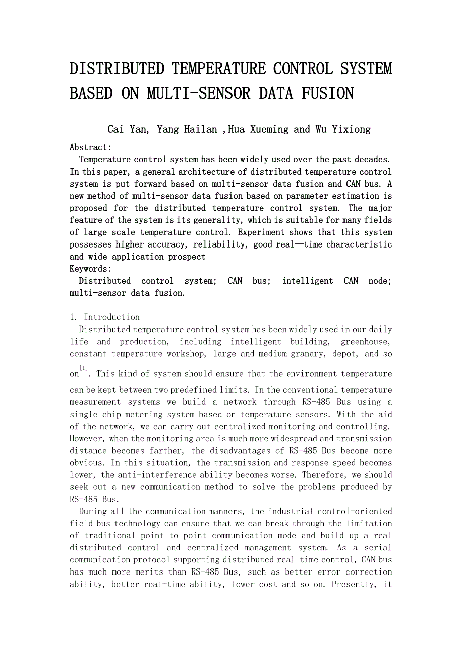 基于多数据融合传感器的分布式温度控制系统中英文对照本科论文.doc_第1页