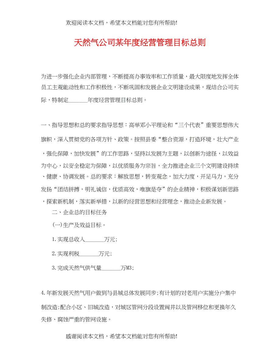 2022年天然气公司某年度经营管理目标总则_第1页