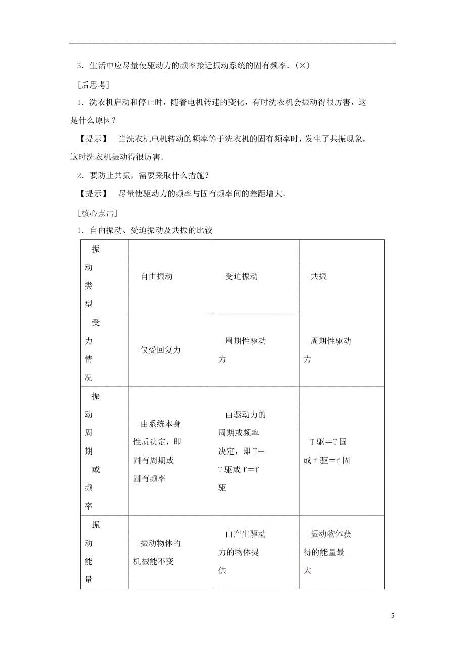 2017-2018学年高中物理 第十一章 机械振动 第5节 外力作用下的振动学案 新人教版选修3-4_第5页