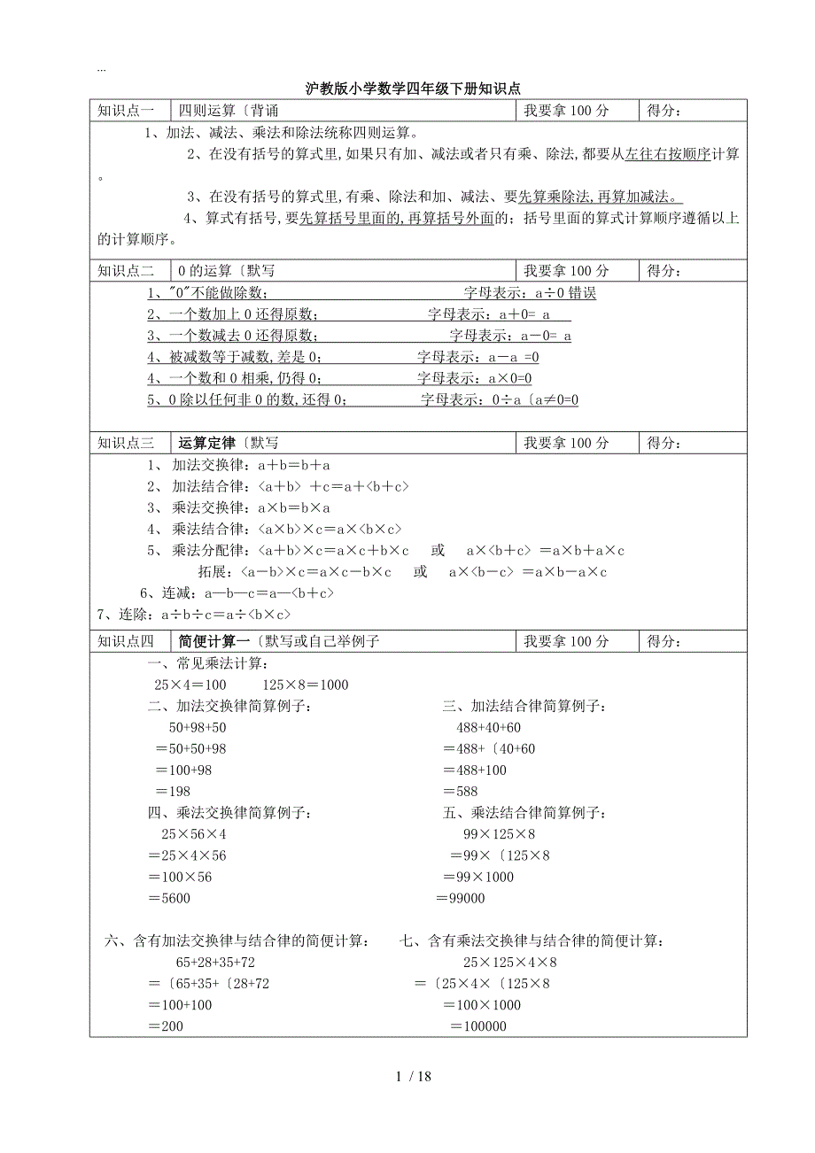 沪教版小学数学四年级（下册）知识点总复习题_第1页