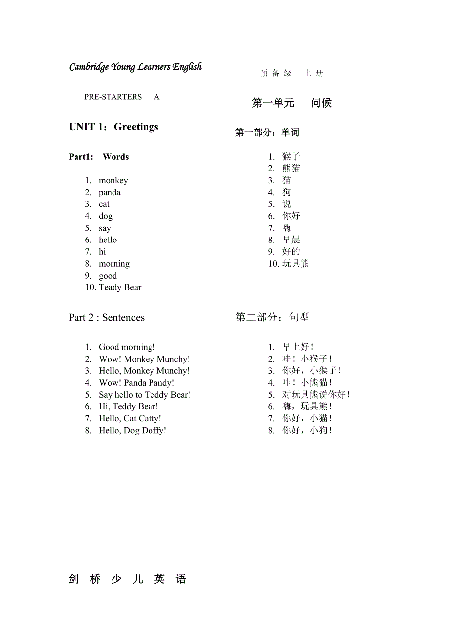 (完整版)剑桥少儿英语预备级上册各单元知识重点总结.doc_第1页