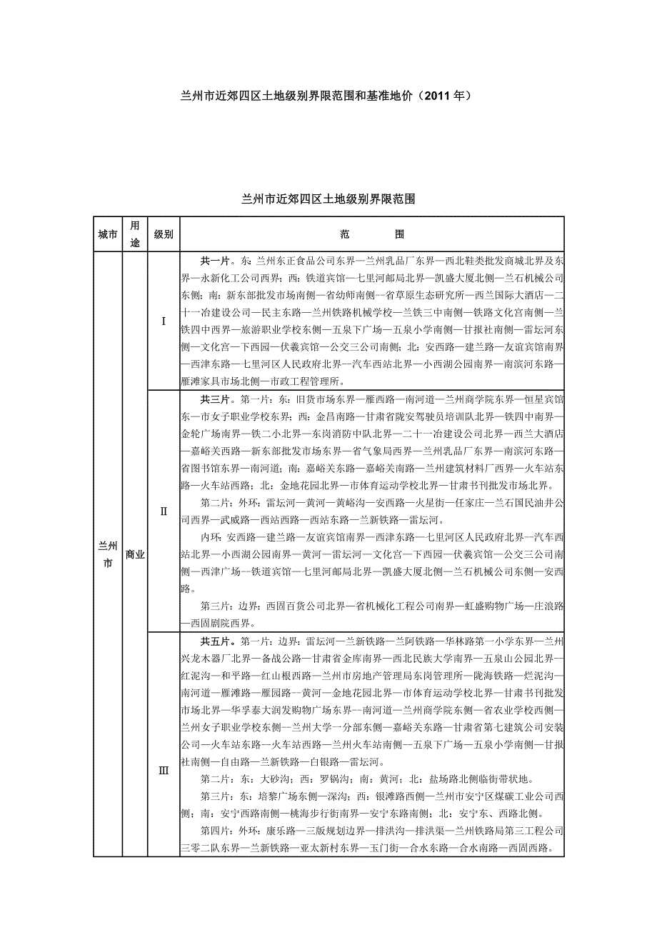 精选兰州市近郊四区土地级别界限范围和基准地价Word版_第1页