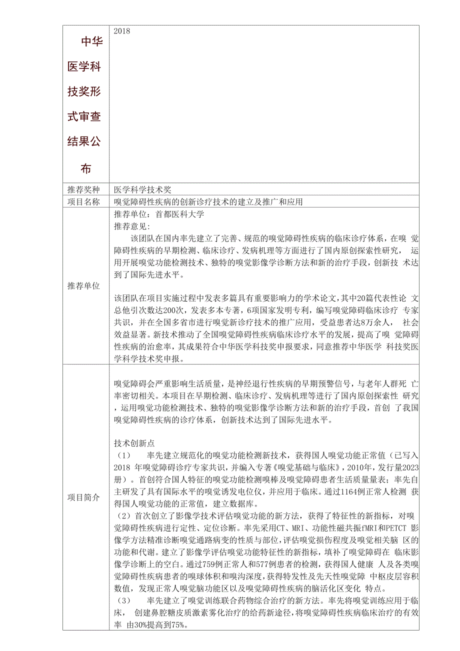 嗅觉障碍性疾病的创新诊疗技术的建立及推广和应用_第1页