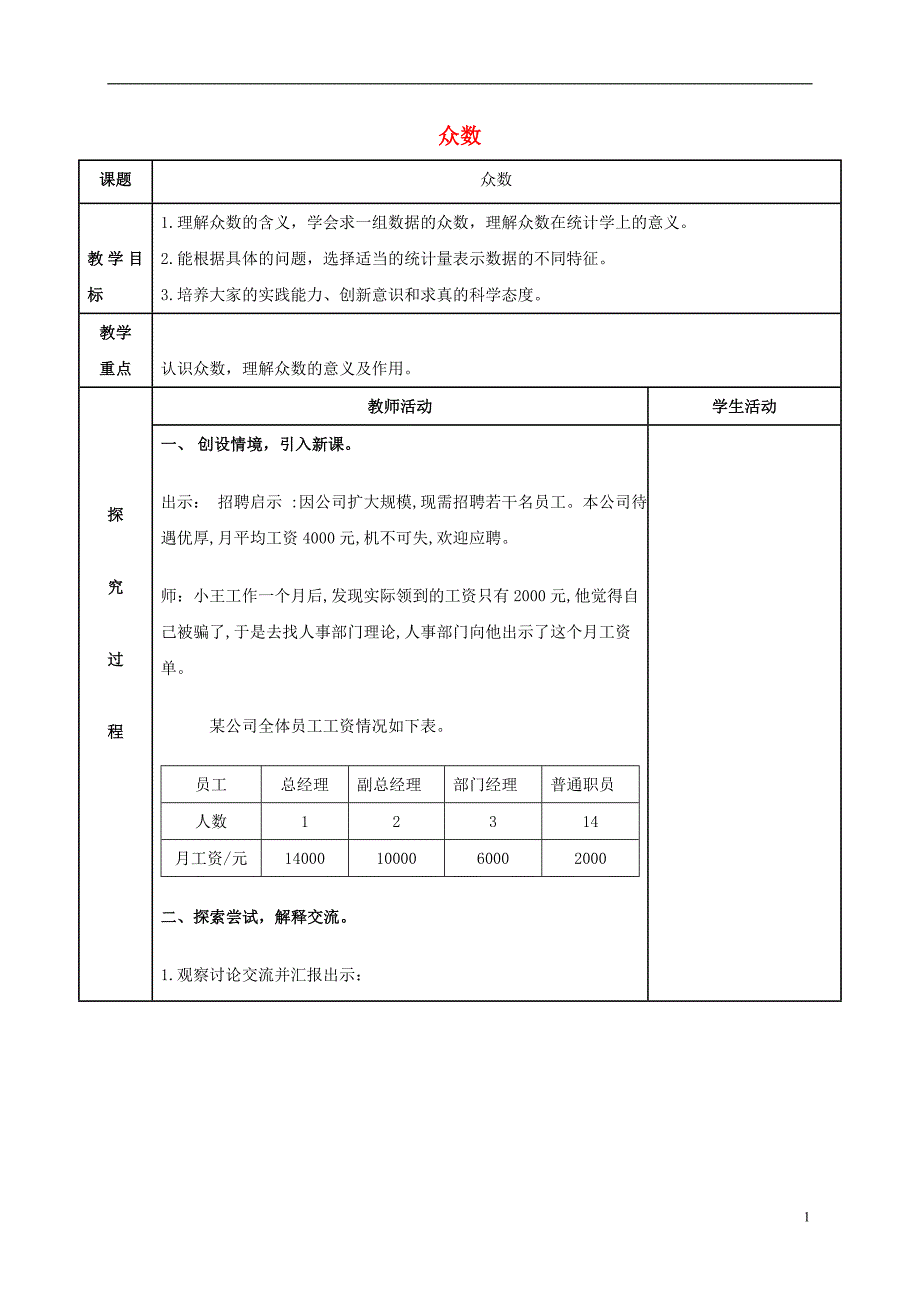 六年级数学上册众数教案青岛版_第1页