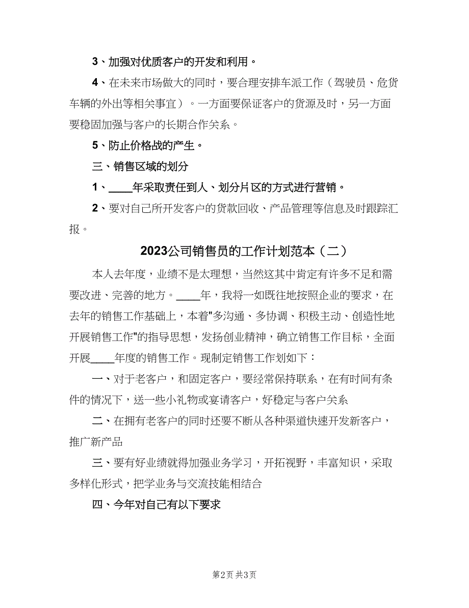 2023公司销售员的工作计划范本（2篇）.doc_第2页