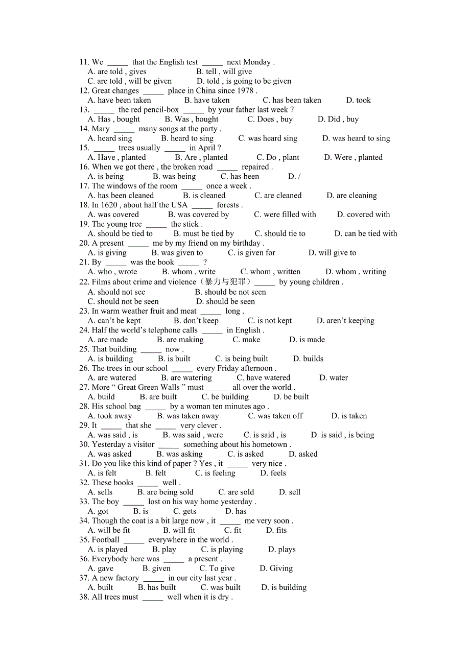 中考英语《单项选择题》专题训练被动语态的时态及结构练习答案_第3页