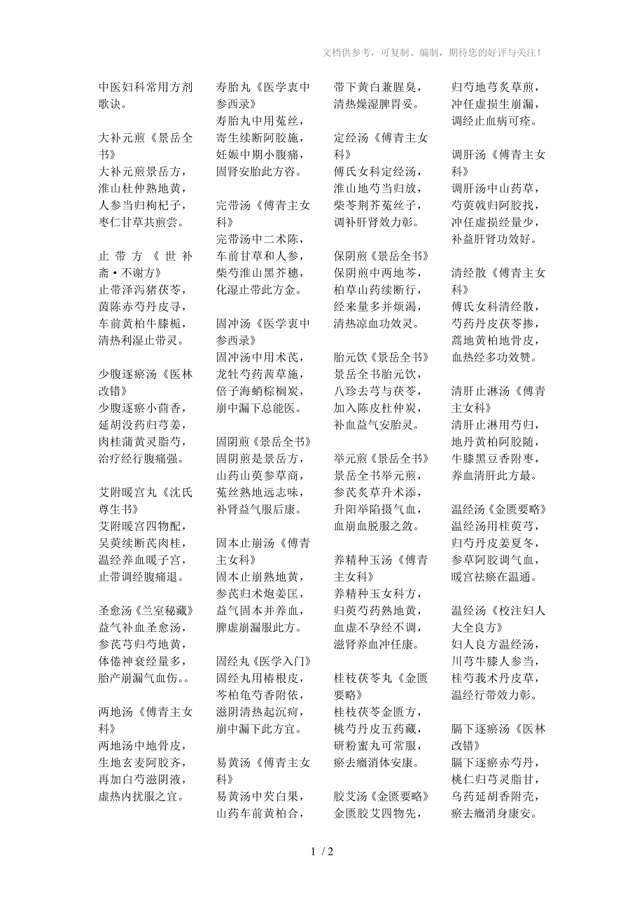 中医妇科常用方剂歌诀_第1页