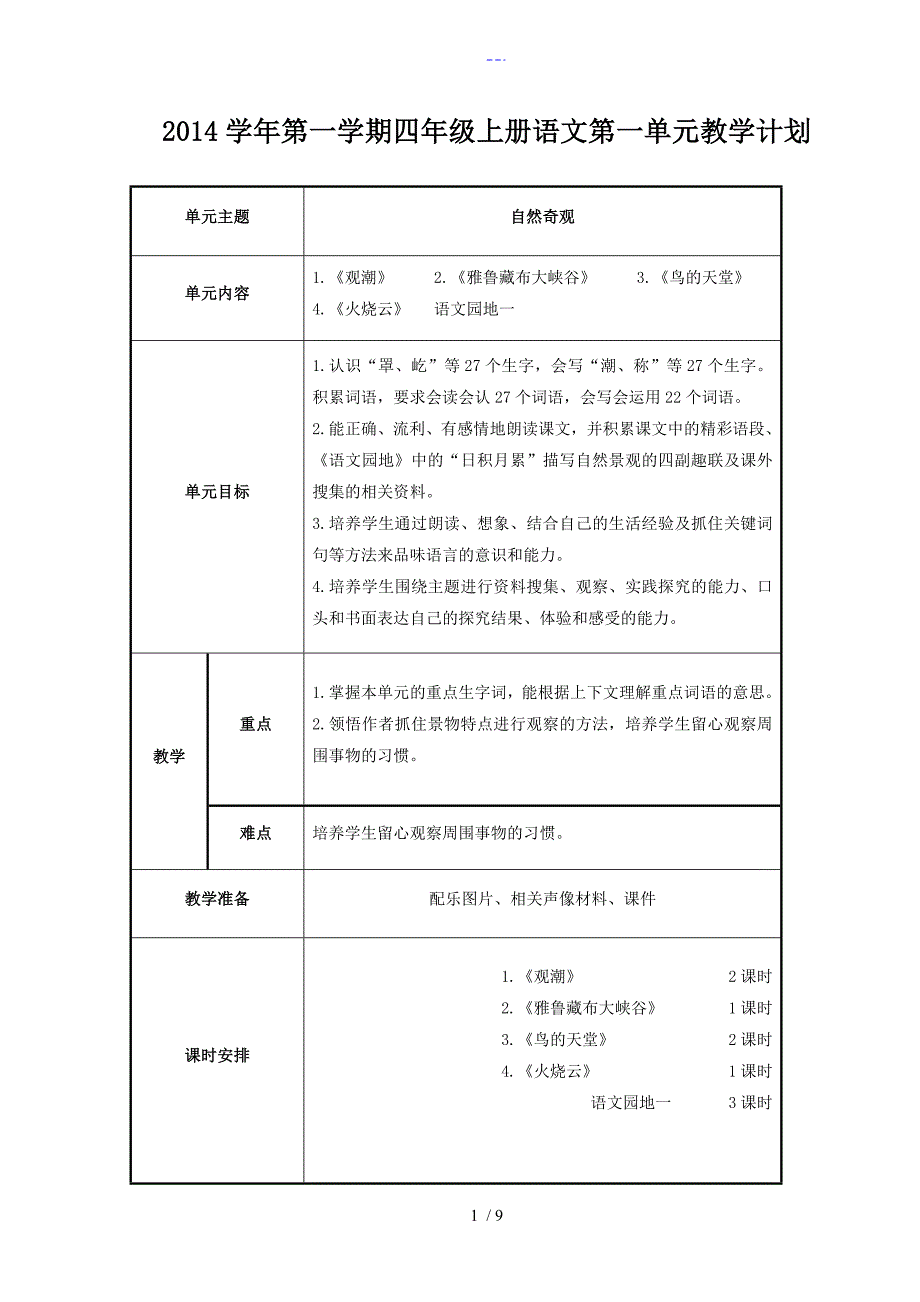 人版语文四年级上册单元教学计划_第1页