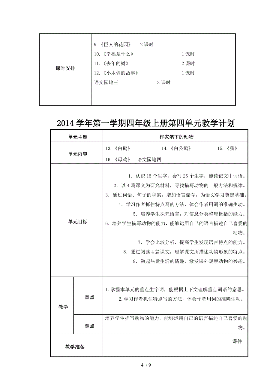 人版语文四年级上册单元教学计划_第4页