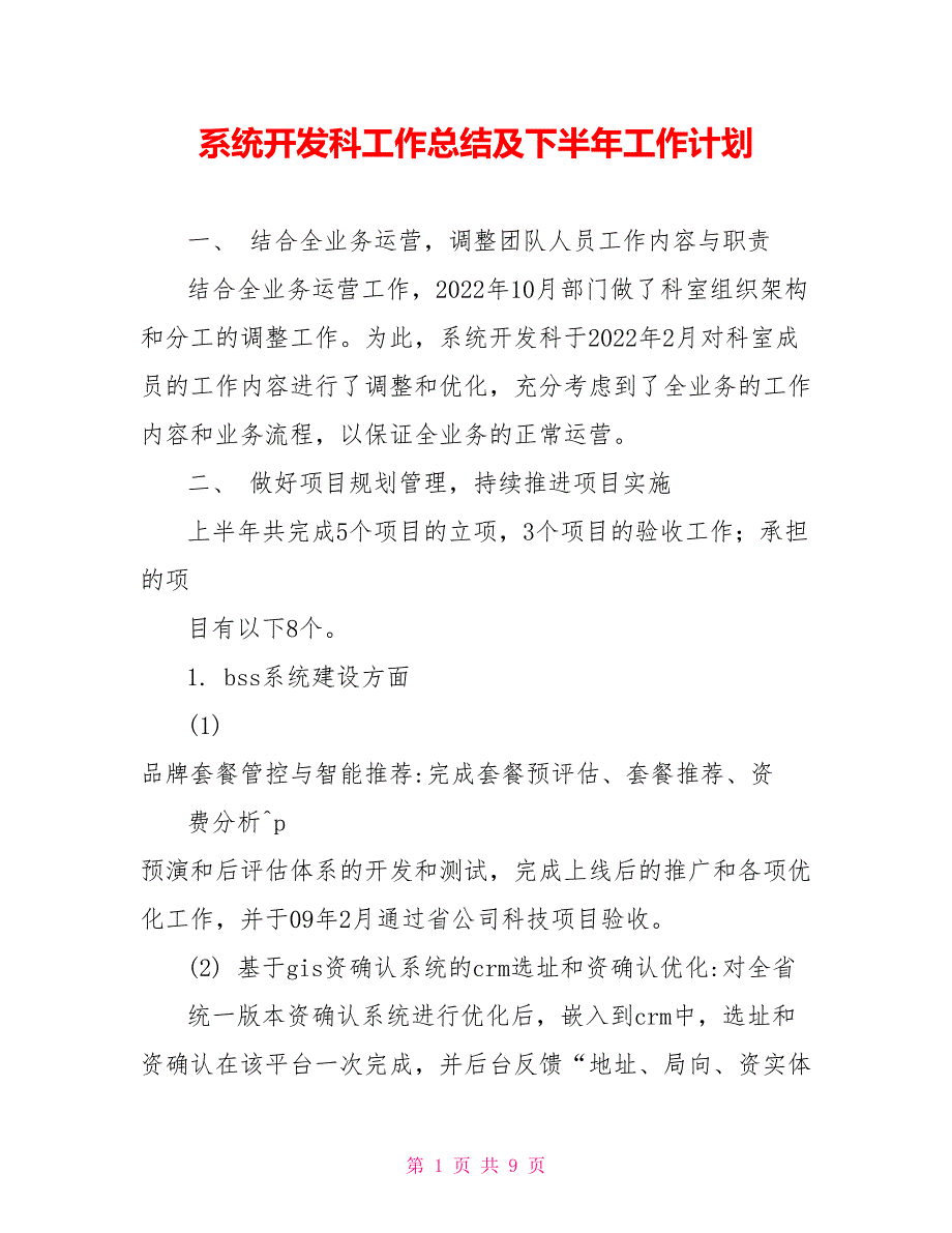 系统开发科工作总结及下半年工作计划_第1页