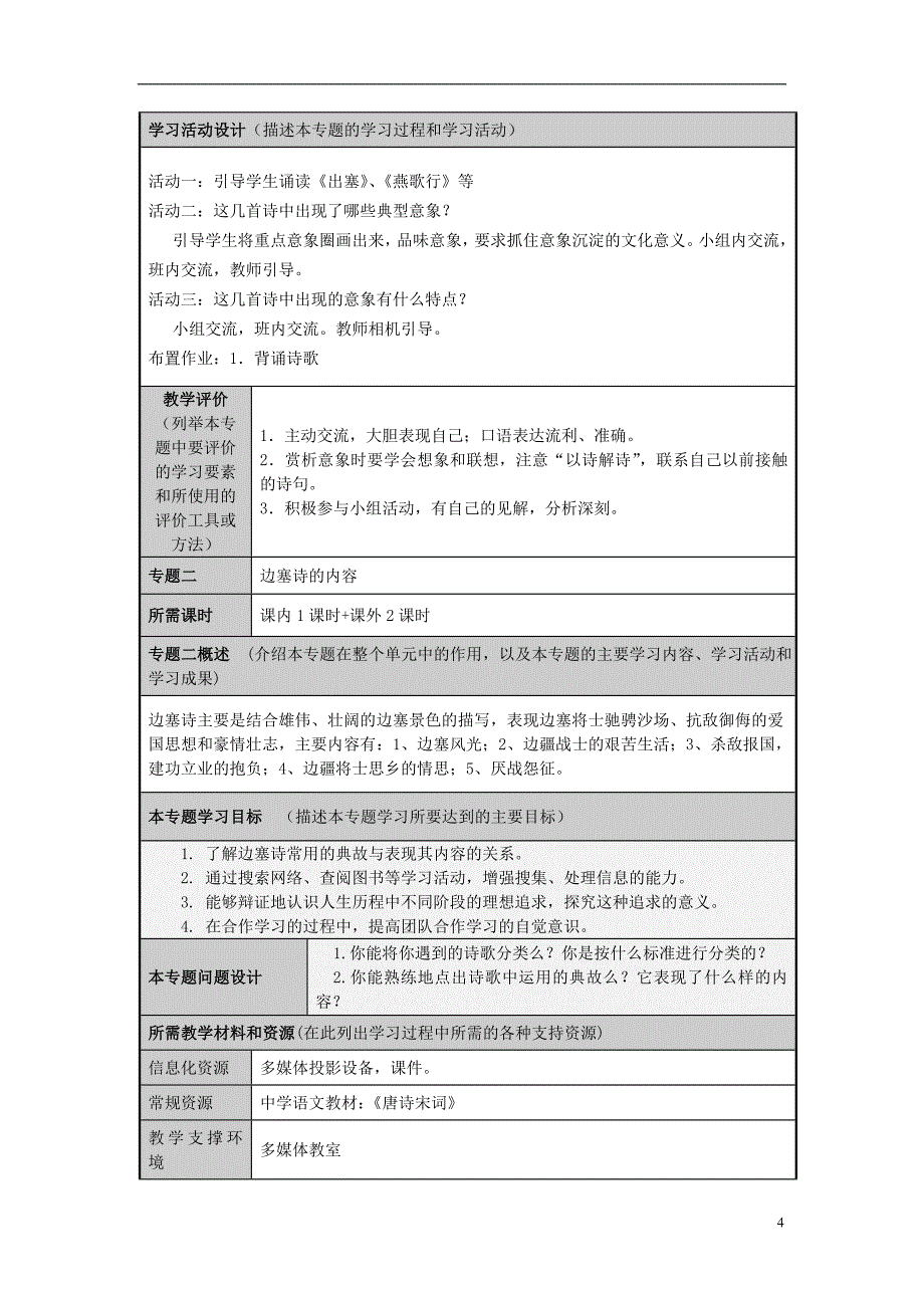 山东省寿光市现代中学2012-2013学年高二语文 雄奇瑰丽的边塞诗主题单元设计 鲁教版_第4页