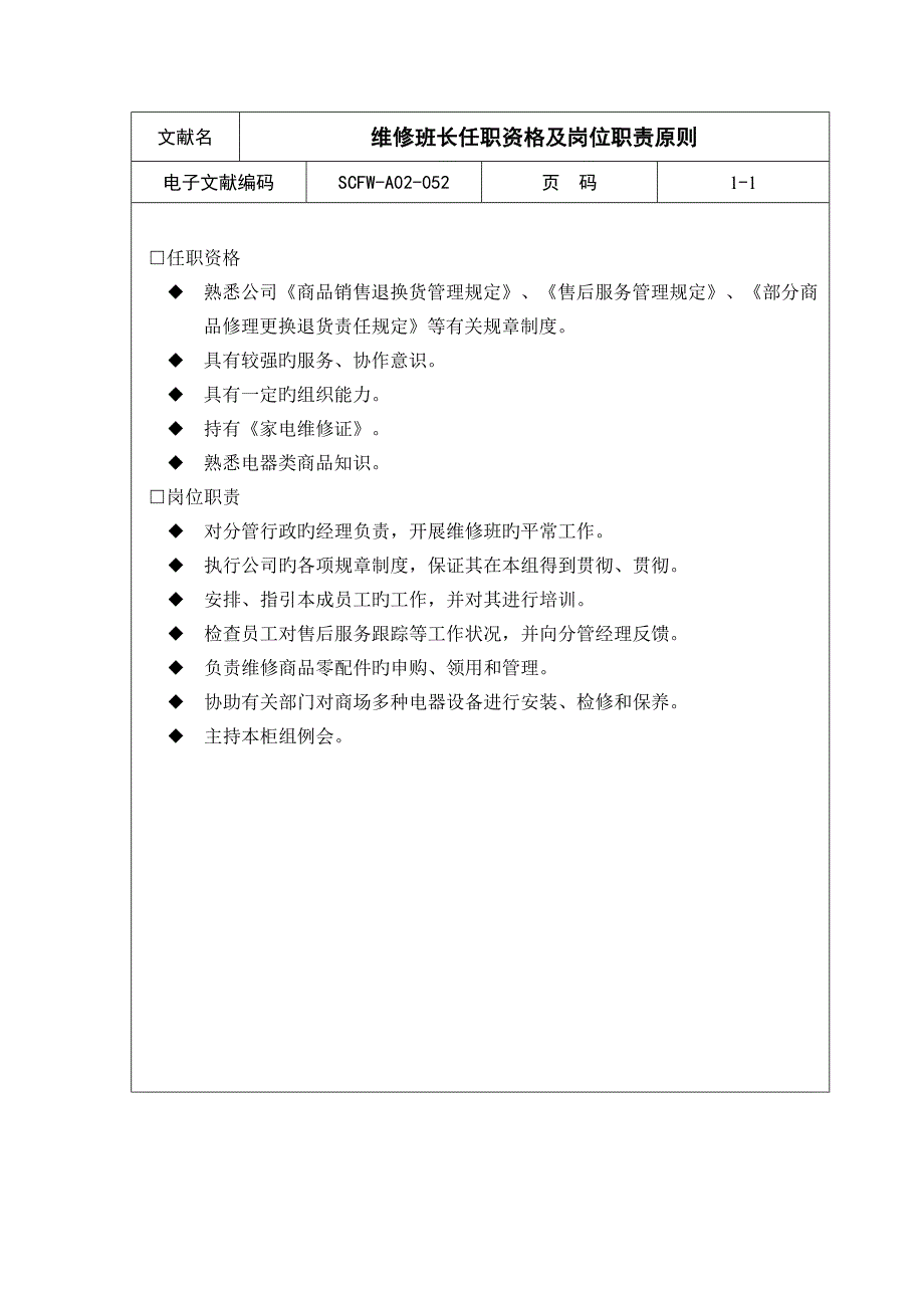 维修班长任职资格及岗位基本职责重点标准_第1页