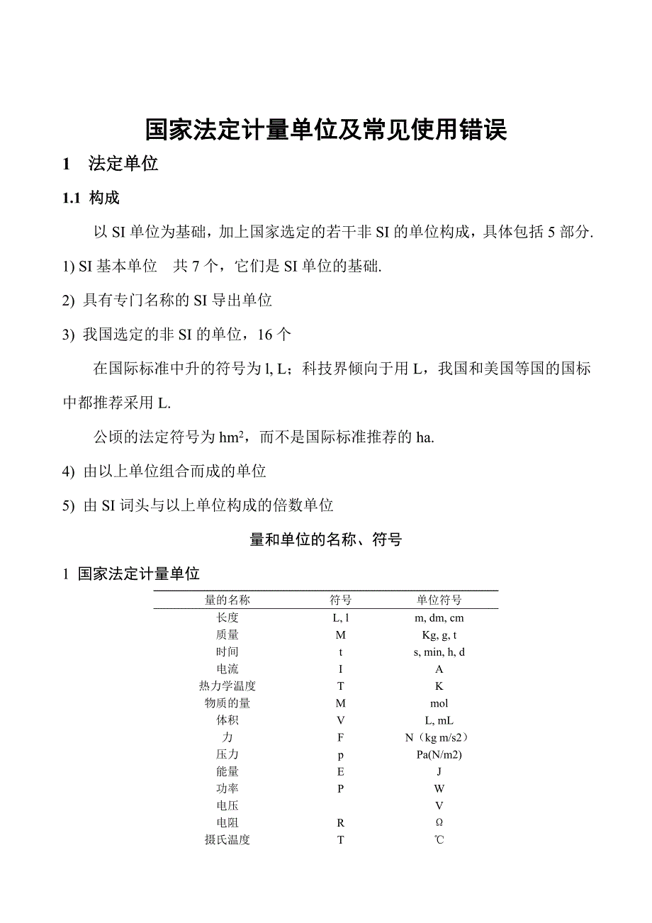 国家法定计量单位及常见使用错误;_第1页