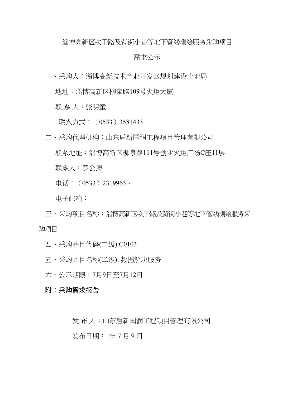 淄博高新区次干路及背街小巷等地下管线测绘服务采购项目_第1页