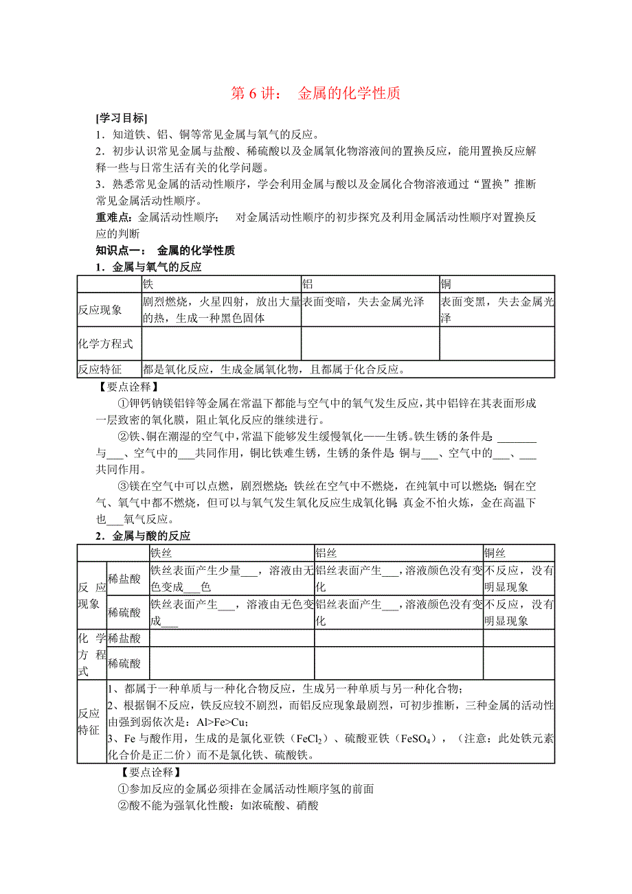 2011九年级化学寒假补课资料 第六讲 金属的化学性质（无答案） 人教新课标版_第1页