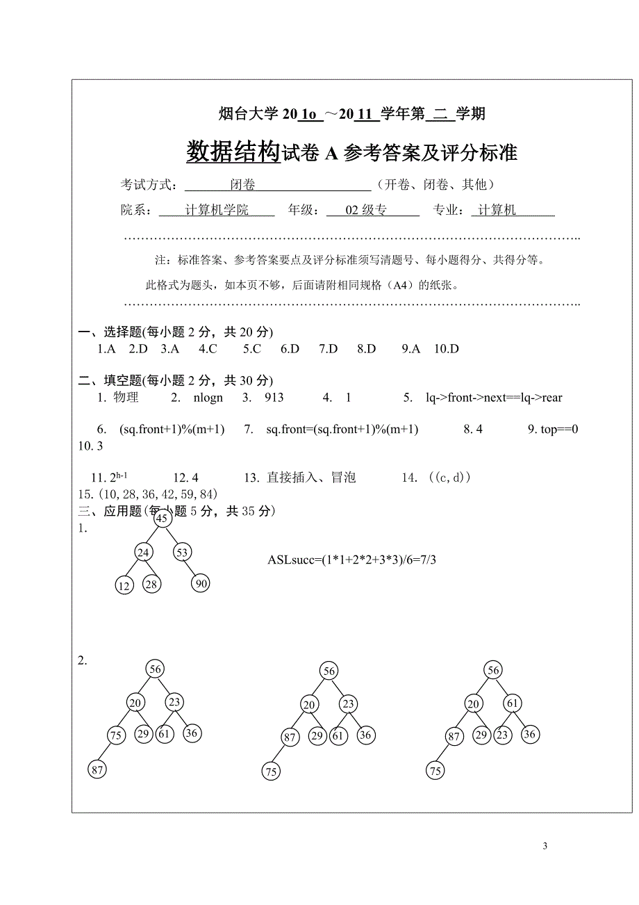 烟台大学数据结构试题2010~2011年度_第3页