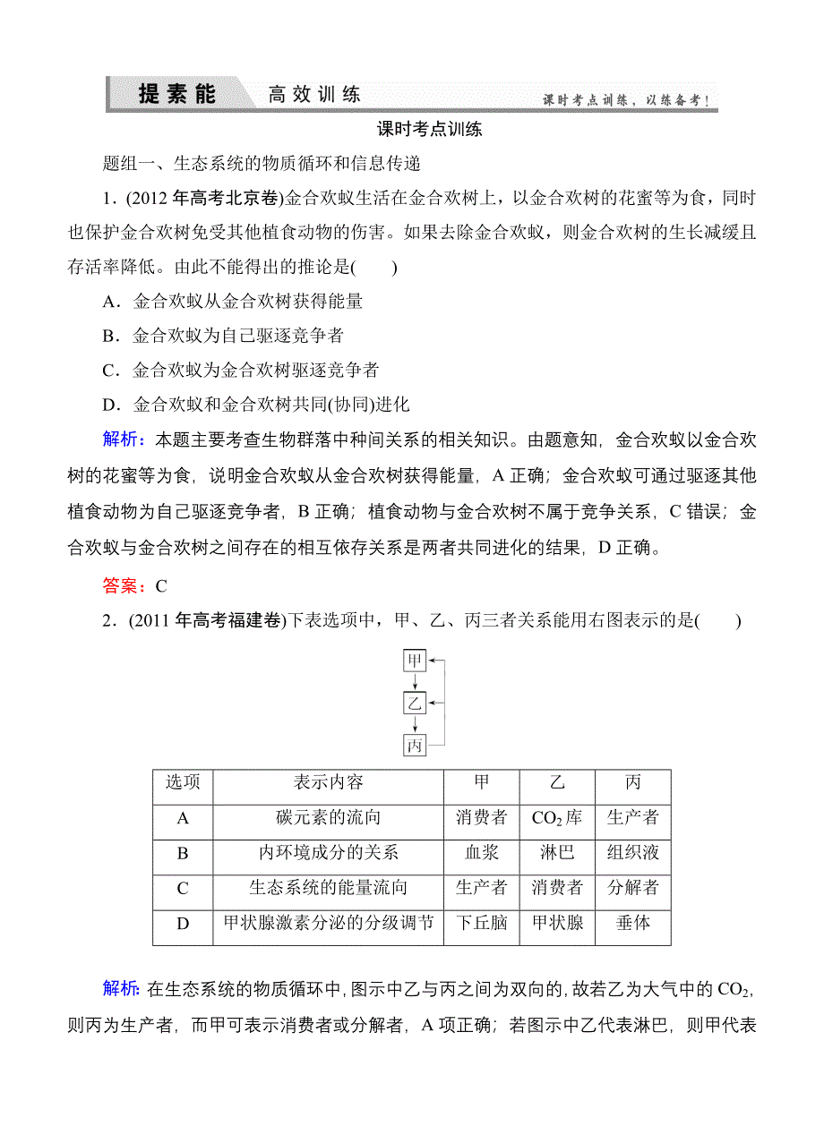 【优化探究】2015届高考生物一轮复习配套提素能课时考点训练：必修三第5章　第2讲　生态系统的物质循环、信息传递及稳定性.doc_第1页