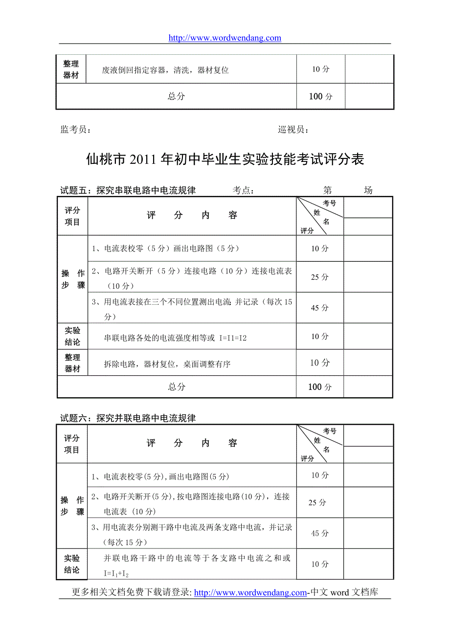 仙桃市2011年初中毕业生实验技能考试评分表.doc_第3页