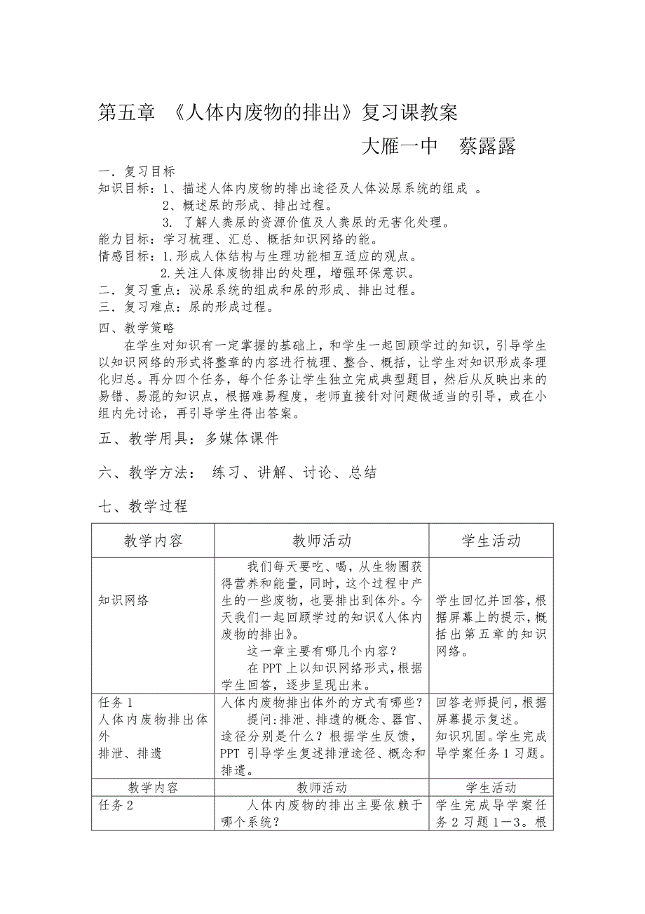 生物蔡露露《人体内废物的排出复习课》教案_第1页