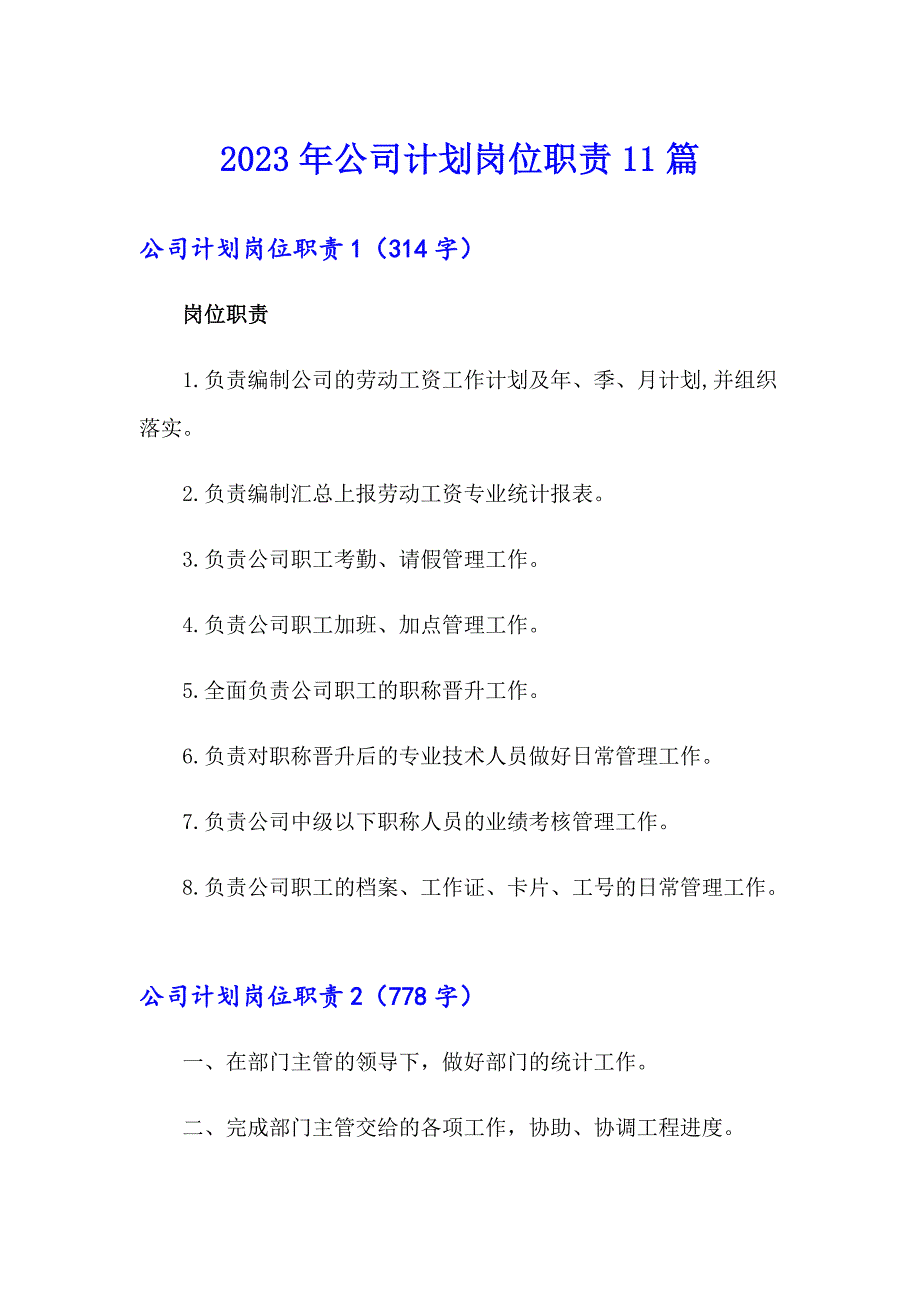 2023年公司计划岗位职责11篇_第1页