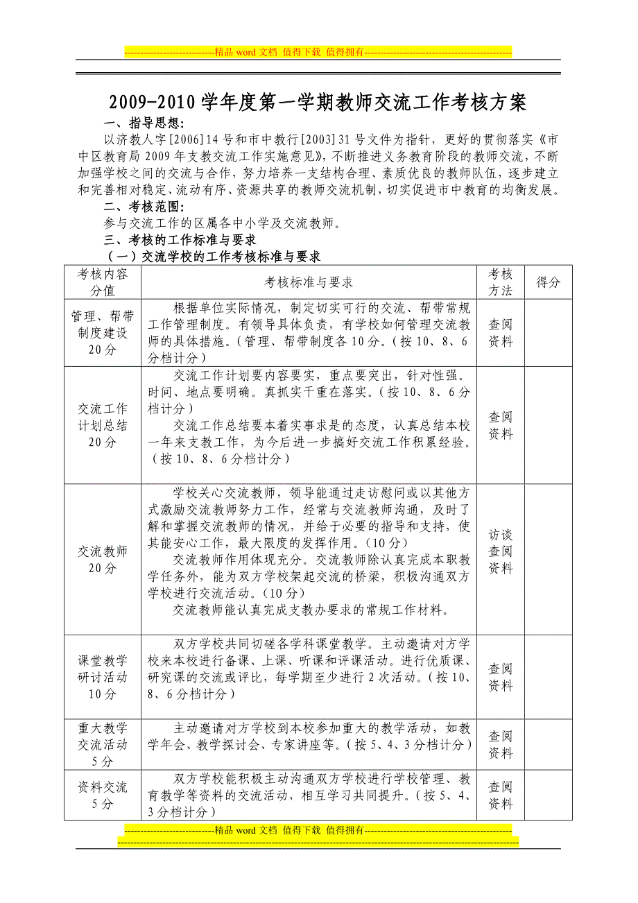 2009-2010学年第一学期教师交流工作考核方案.doc_第1页