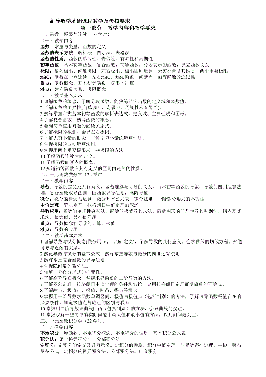 高等数学基础课程教学及考核要求.doc_第1页