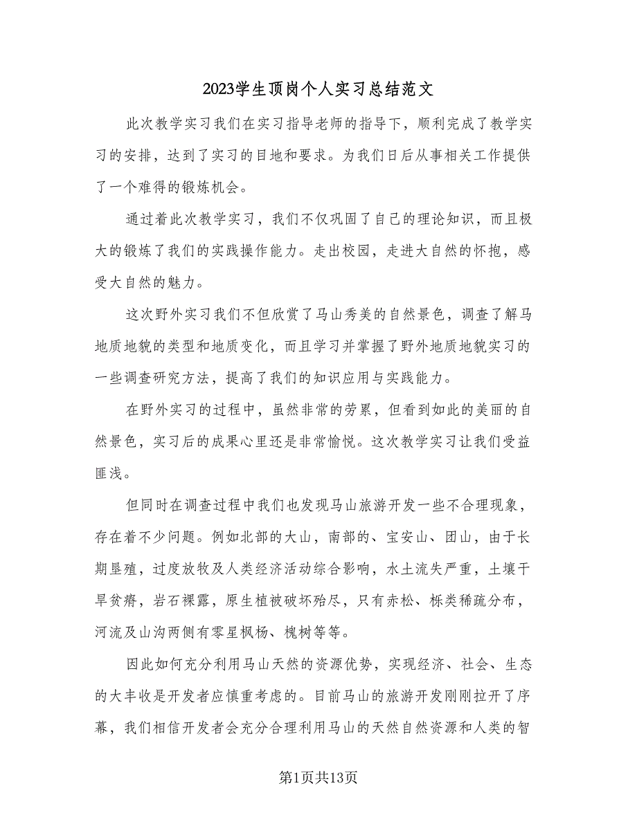 2023学生顶岗个人实习总结范文（6篇）_第1页