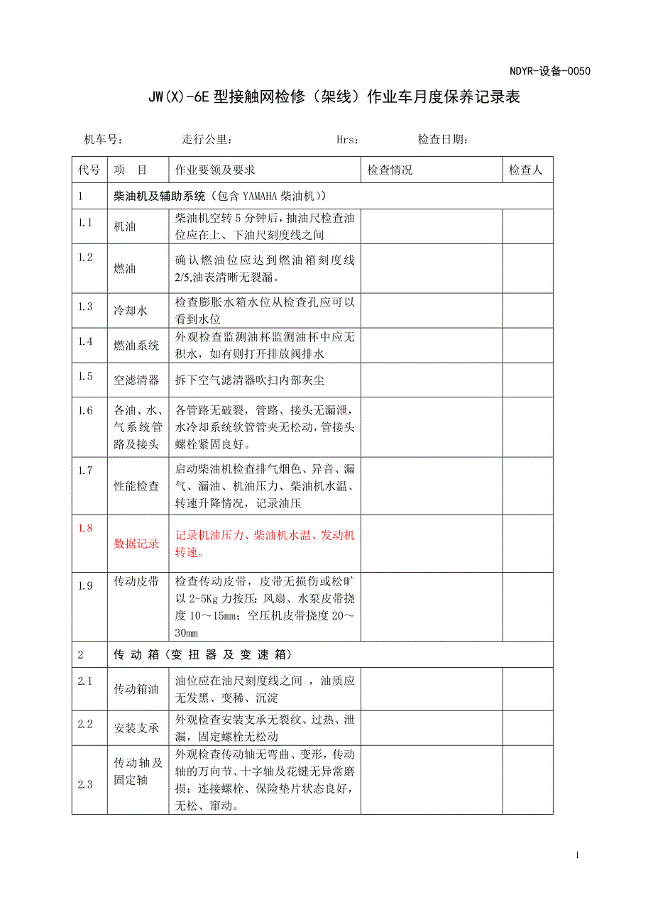 NDYR-设备-0051+JW(X)-6E型接触网检修(架线)作业车月度保养记录表.doc_第1页