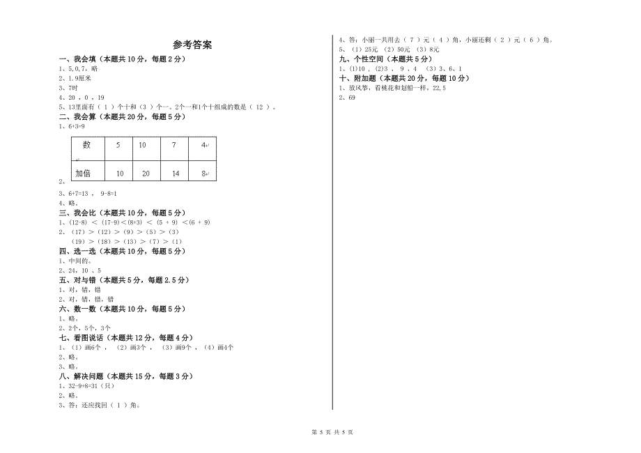 十堰市实验小学一年级数学上学期期末考试试题 附答案.doc_第5页