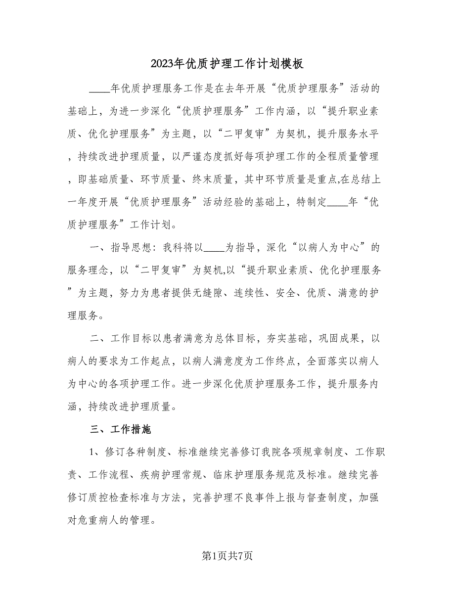 2023年优质护理工作计划模板（二篇）_第1页