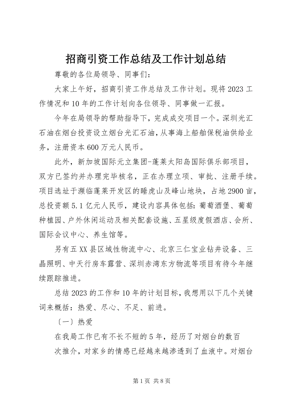 2023年招商引资工作总结及工作计划总结.docx_第1页