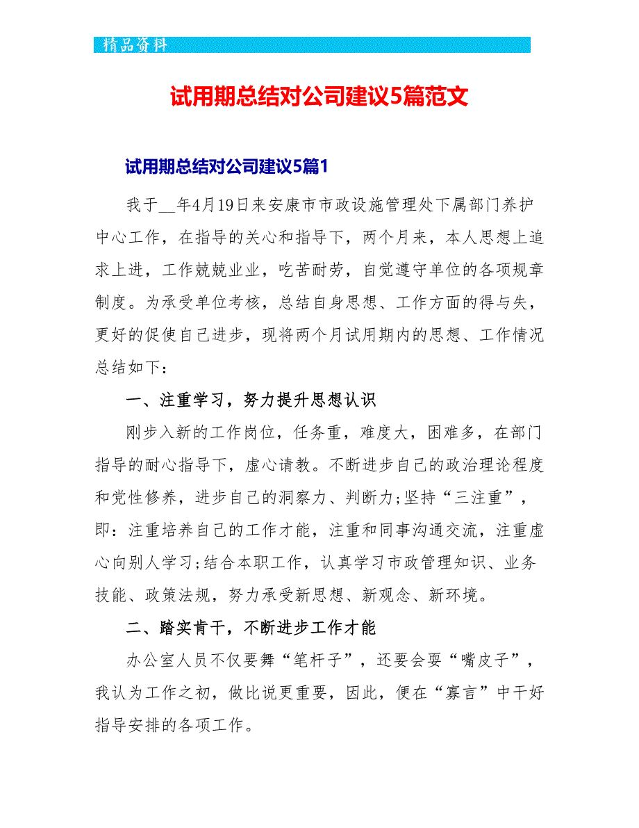 试用期总结对公司建议5篇范文_第1页