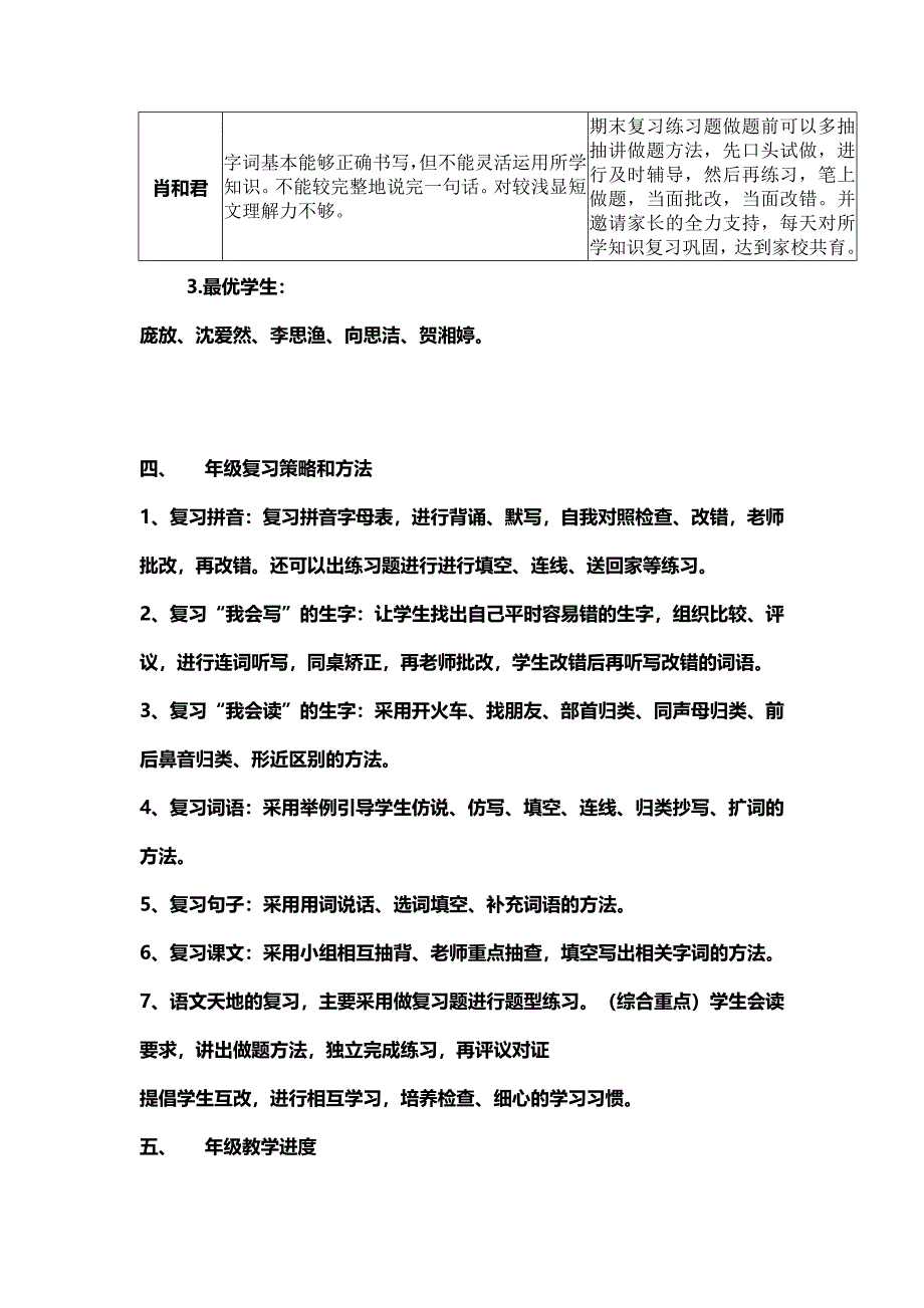 一年级2班上册语文期末复习计划_第4页