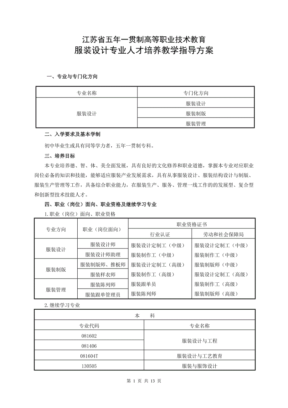 五年制高职服装设计专业人才培养教学指导方案_第1页