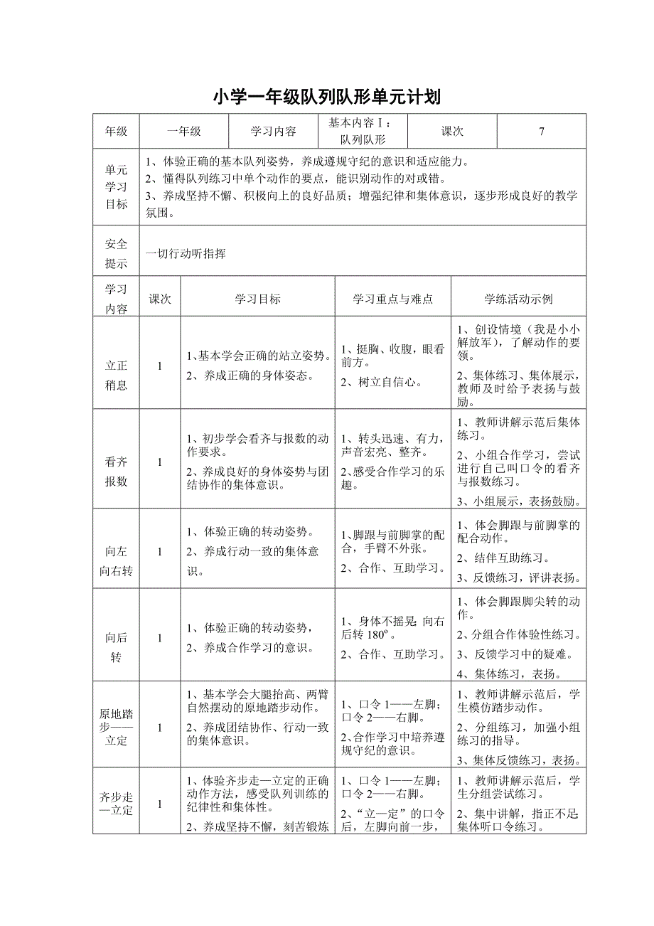 小学一年级队列队形单元计划_第1页