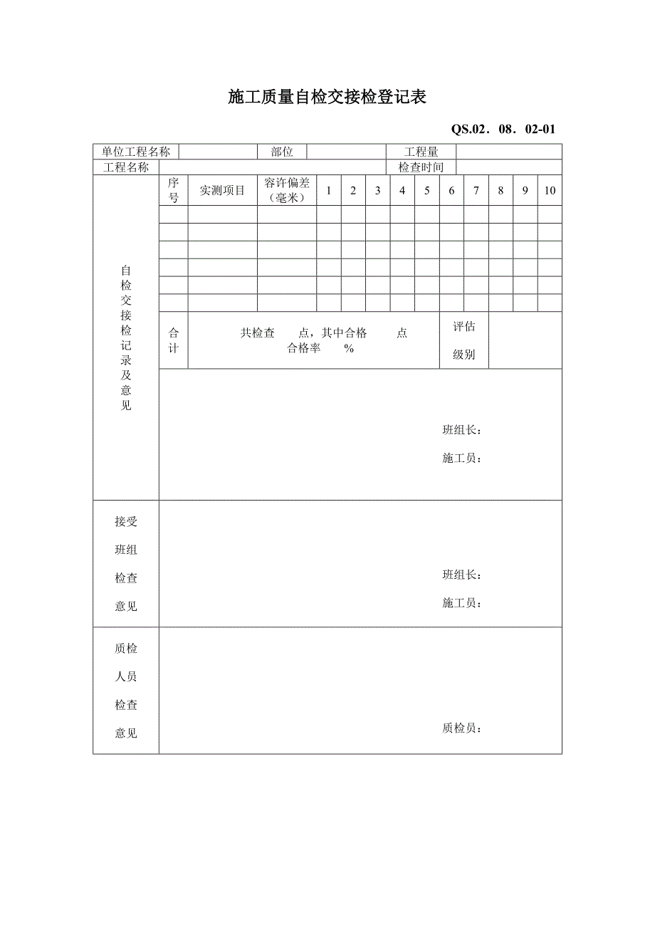 关键工程综合施工质量自检交接检记录表_第1页