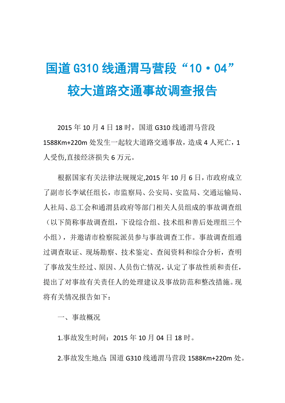 国道G310线通渭马营段“10&amp;#183;04”较大道路交通事故调查报告_第1页