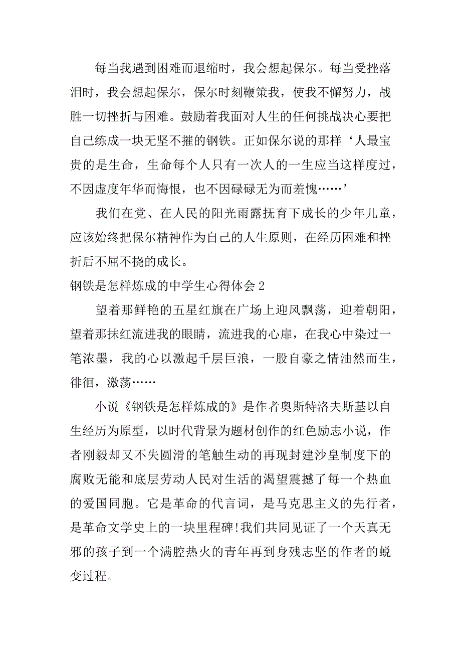 钢铁是怎样炼成的中学生心得体会3篇读钢铁是怎样炼成的初中生有感600_第2页