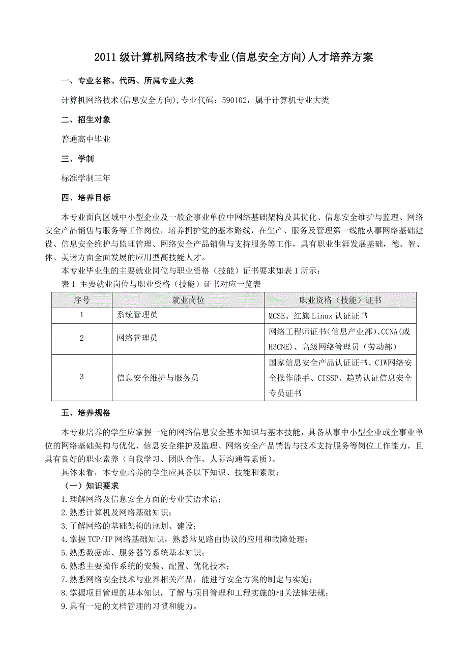 级计算机网络技术专业信息安全方向人才培养方案_第1页