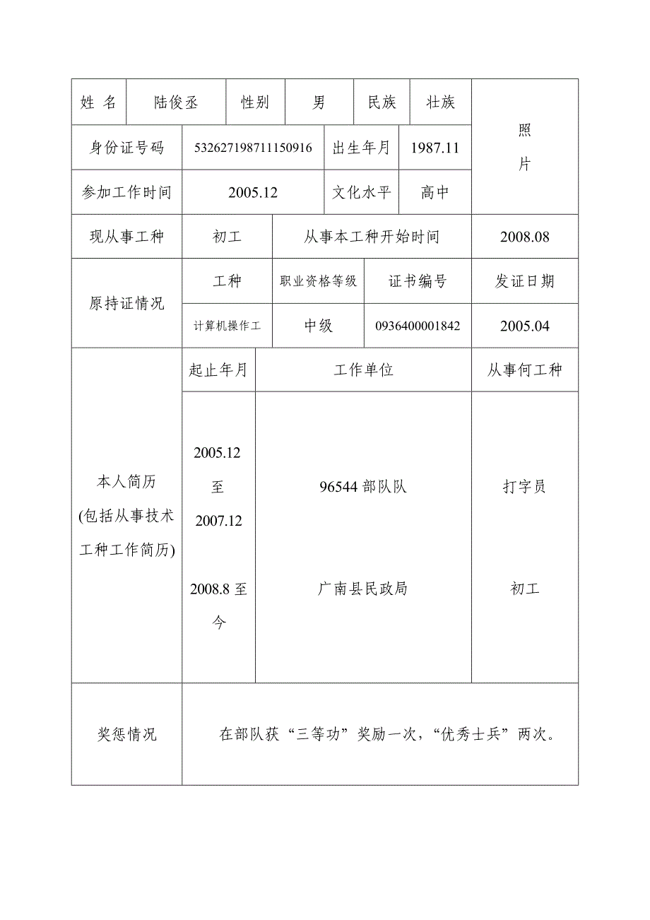 云南省机关事业单位技术工人职业资格申请报.doc_第2页