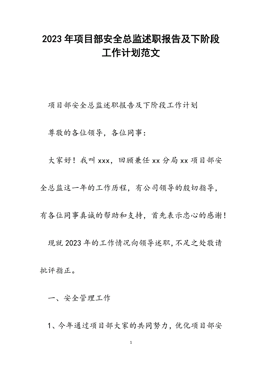 2023年项目部安全总监述职报告及下阶段工作计划.docx_第1页