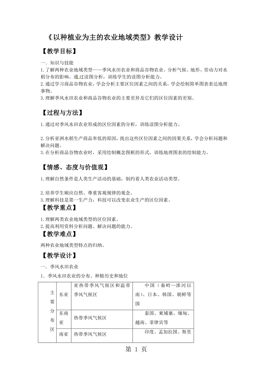 人教版地理高中必修二以种植业为主的农业地域类型教学设计_第1页