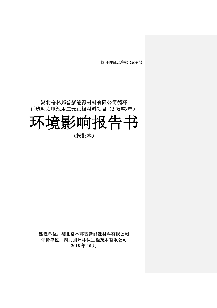 循环再造动力电池用三元正极材料项目环评报告书_第1页