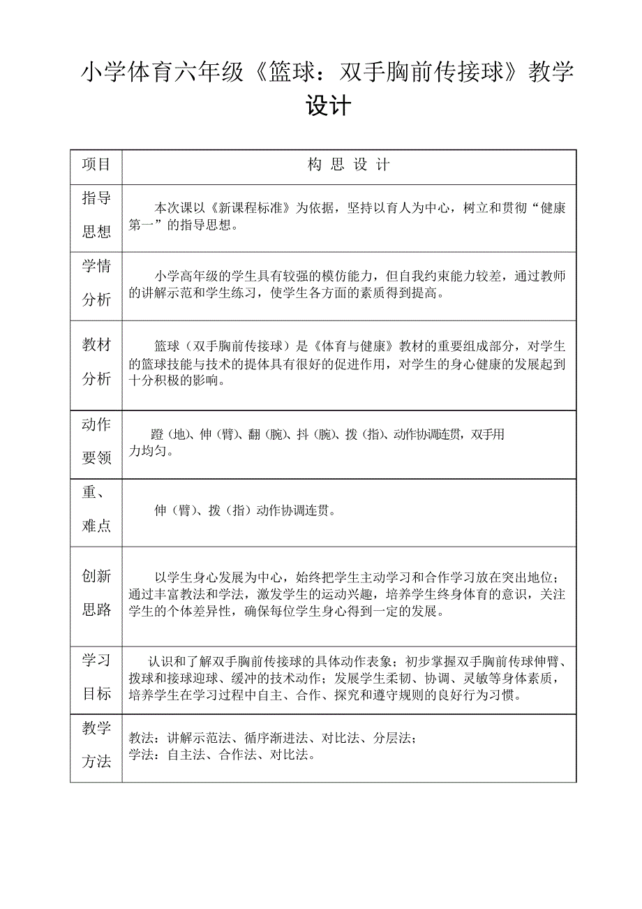 小学体育六年级《篮球双手胸前传接球》教学设计_第1页