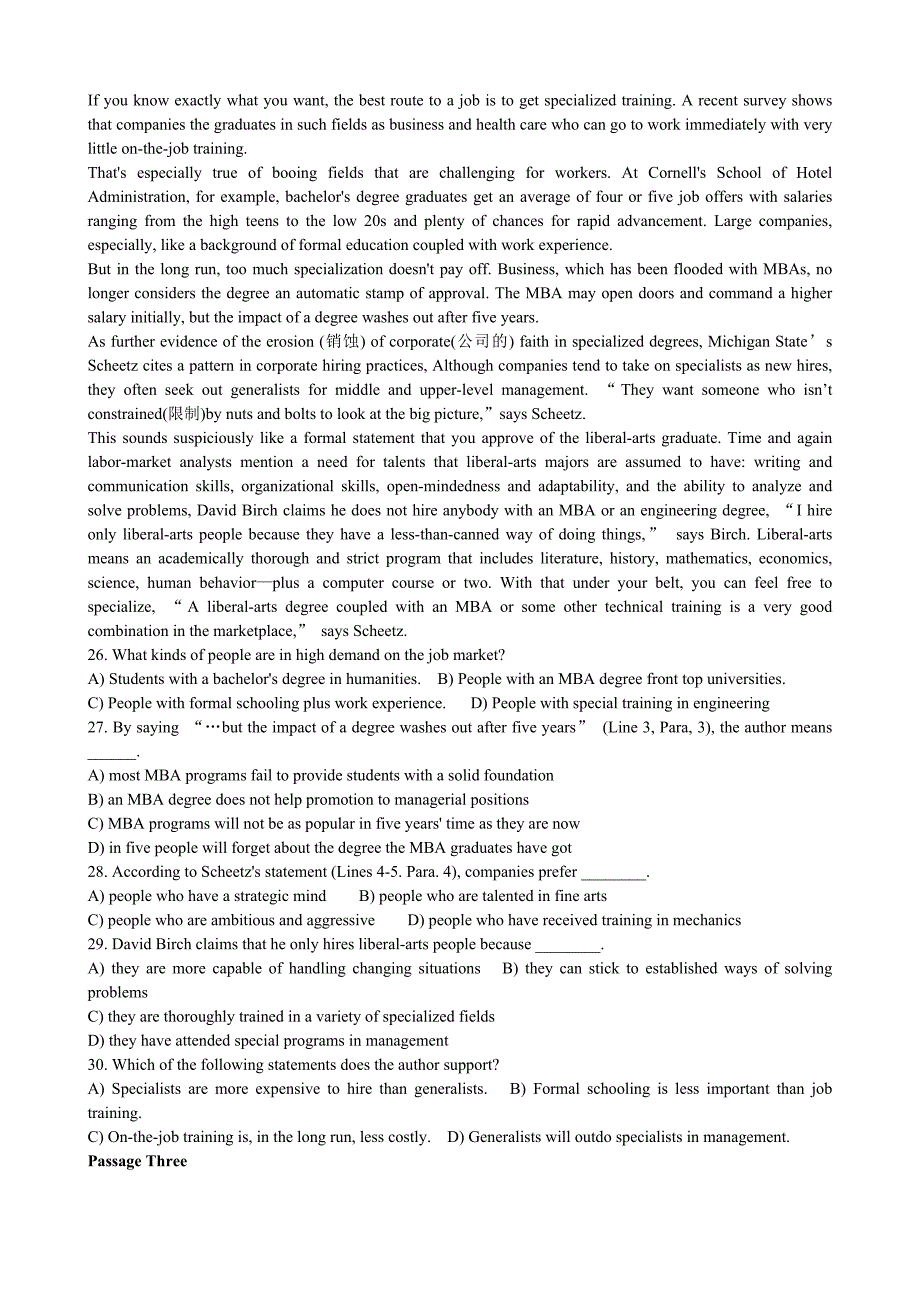 2003年9月英语四级试卷与参考答案(完整)_第3页